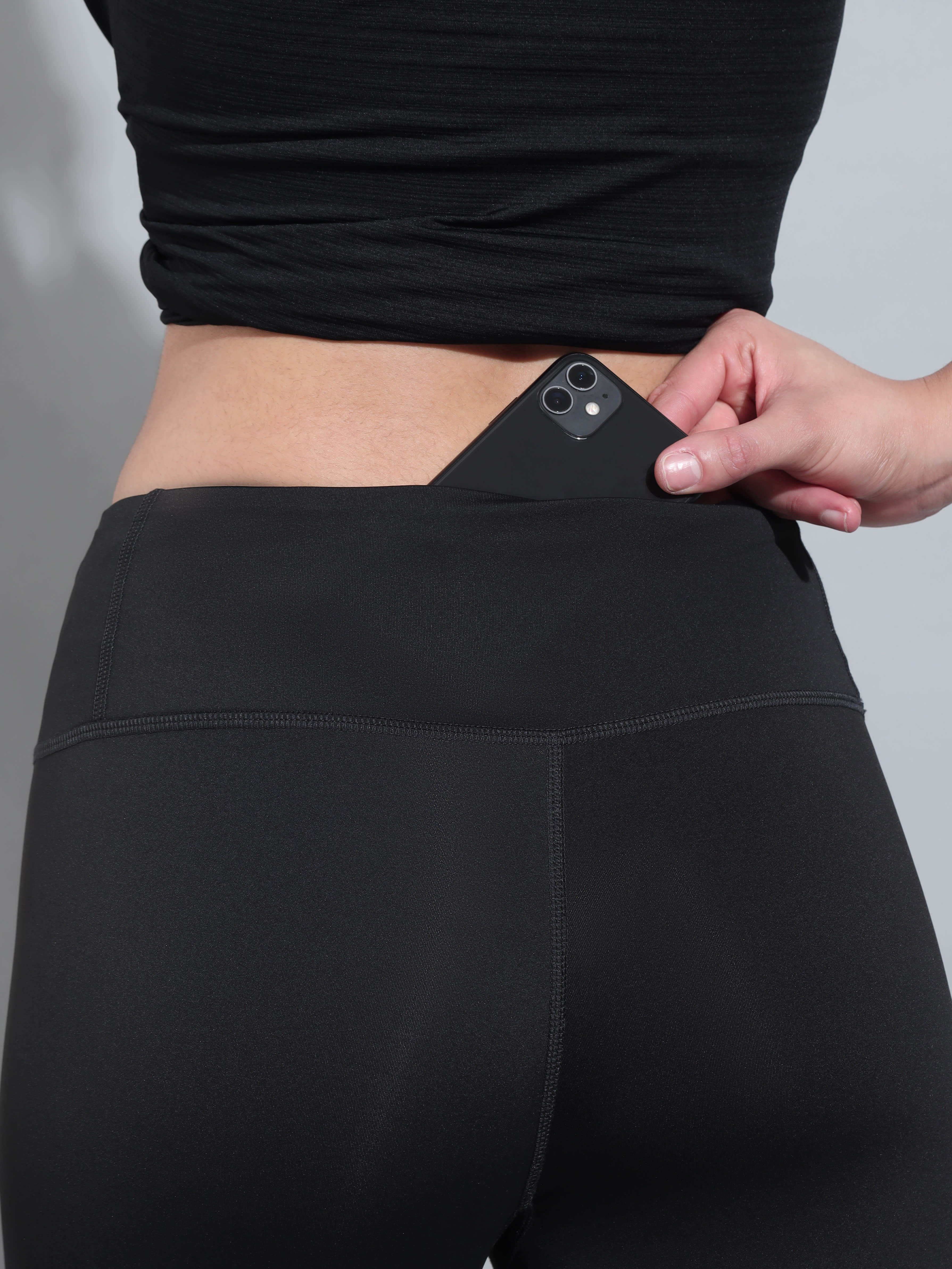 Black Absolute Fit Tights with Grey Contrast Bottom Panel and Back Pocket - Image 6