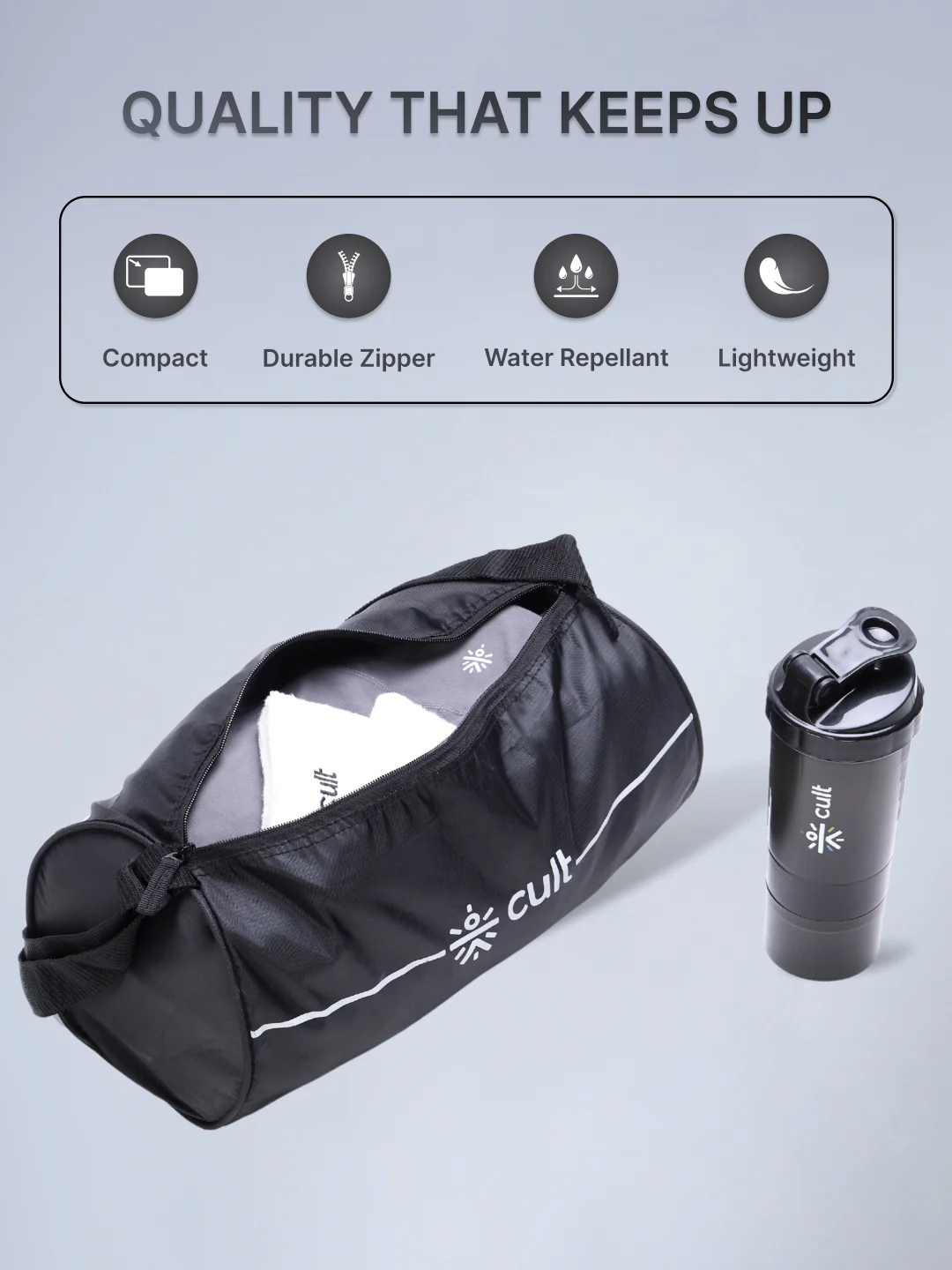 Compact 12L Gym Bag with Shoulder Strap & 500ml Shaker Bottle with Mixer Ball Black - Image 4