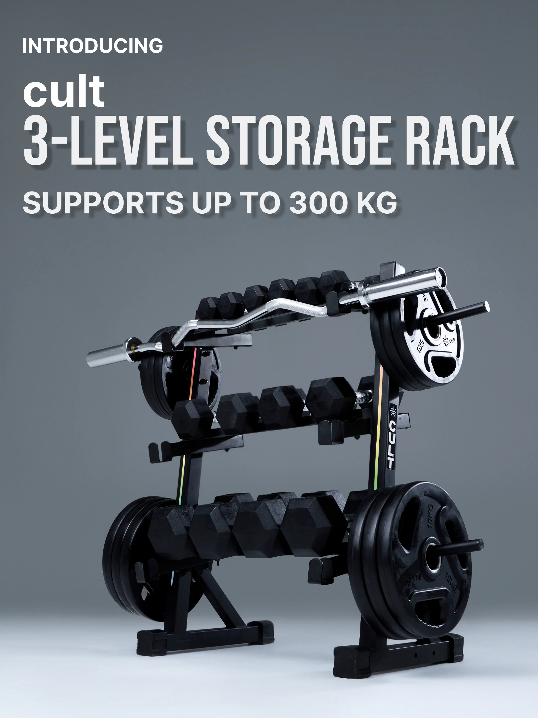 Cult 3 Level Storage Rack for weights (Rod, Plates & Dumbbell) | 300 Kg Max Load | Compact, Stable & Space-Efficient Design for home use (with 6 Months Extended Warranty)
