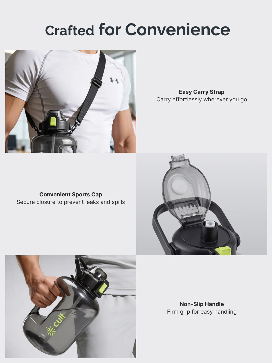 Cult 3L Hulk Gallon Water Bottle with Straw & Strap BPA-Free Leakproof Gym Bottle 3000ml Large Capacity Hydration Bottle (Black) - Image 3