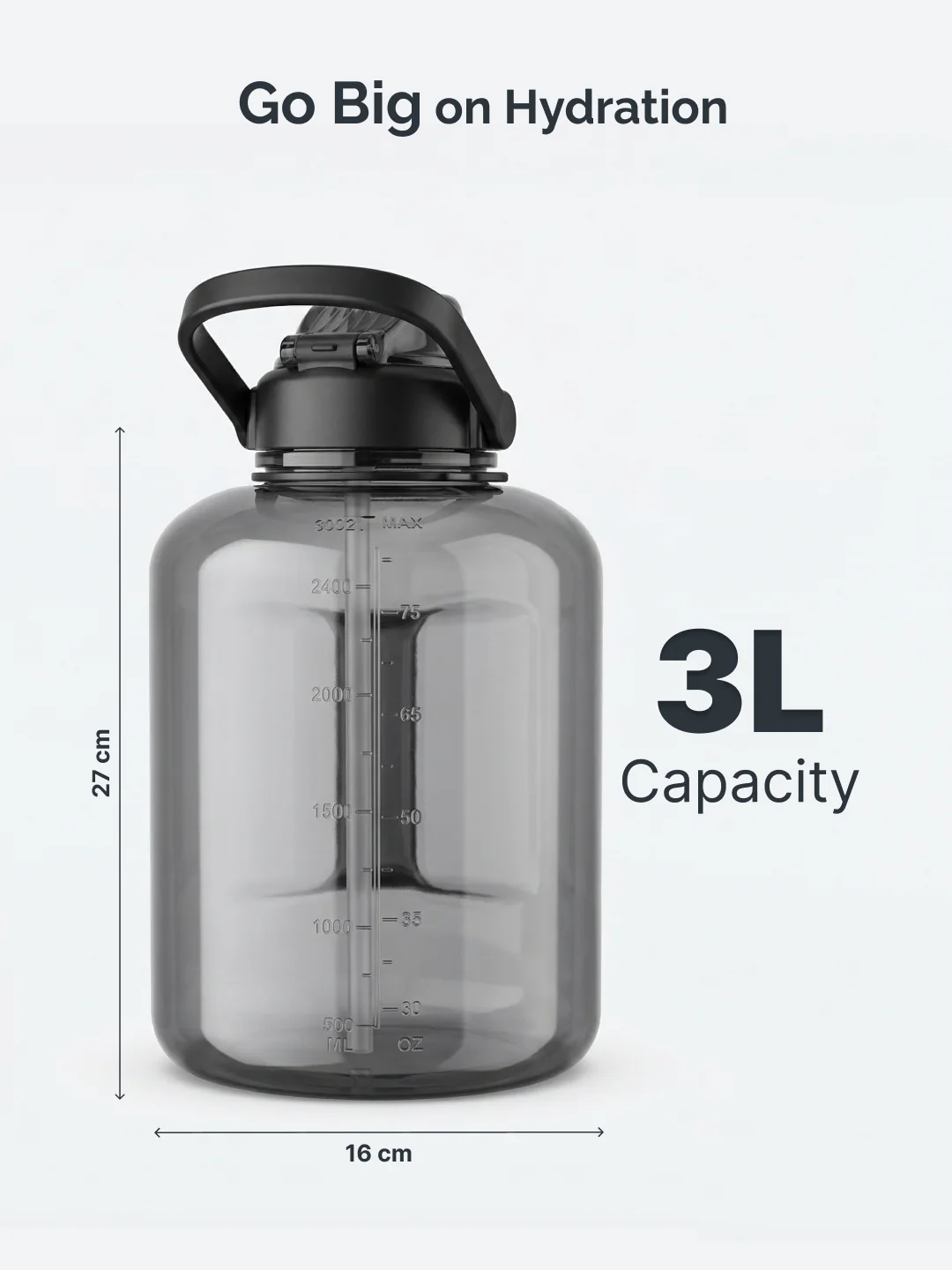 Cult 3L Hulk Gallon Water Bottle with Straw & Strap BPA-Free Leakproof Gym Bottle 3000ml Large Capacity Hydration Bottle (Black) - Image 7