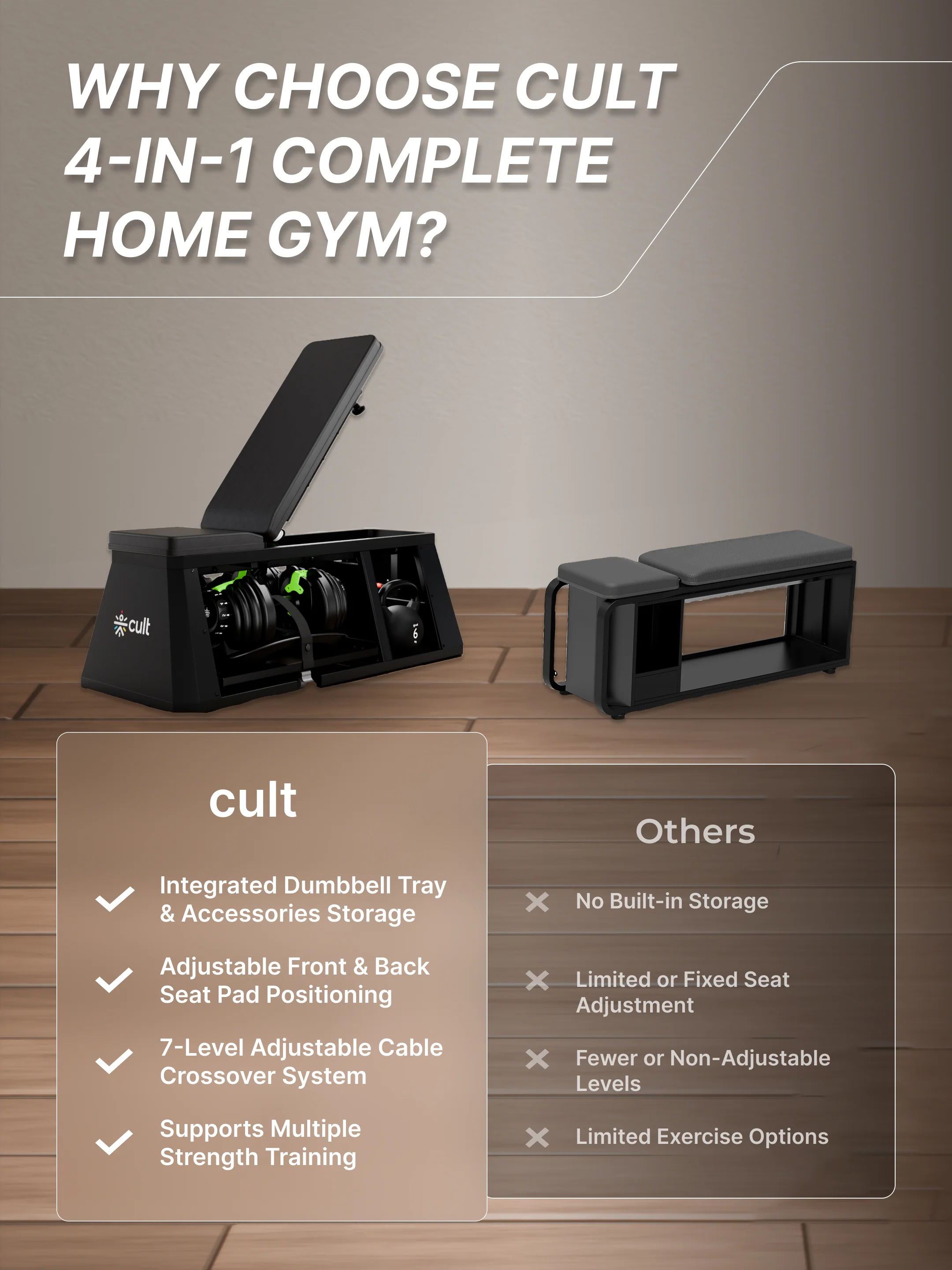 Cult 4 in 1 Multi Home Gym with Cable Crossover, Adjustable Bench, Dumbbell & Weights Storage Rack | 300 Kg Capacity | 8-Level Incline/Decline | 3 Resistance Levels | Perfect for Home Gym (with 6 months extended warranty) - Image 10