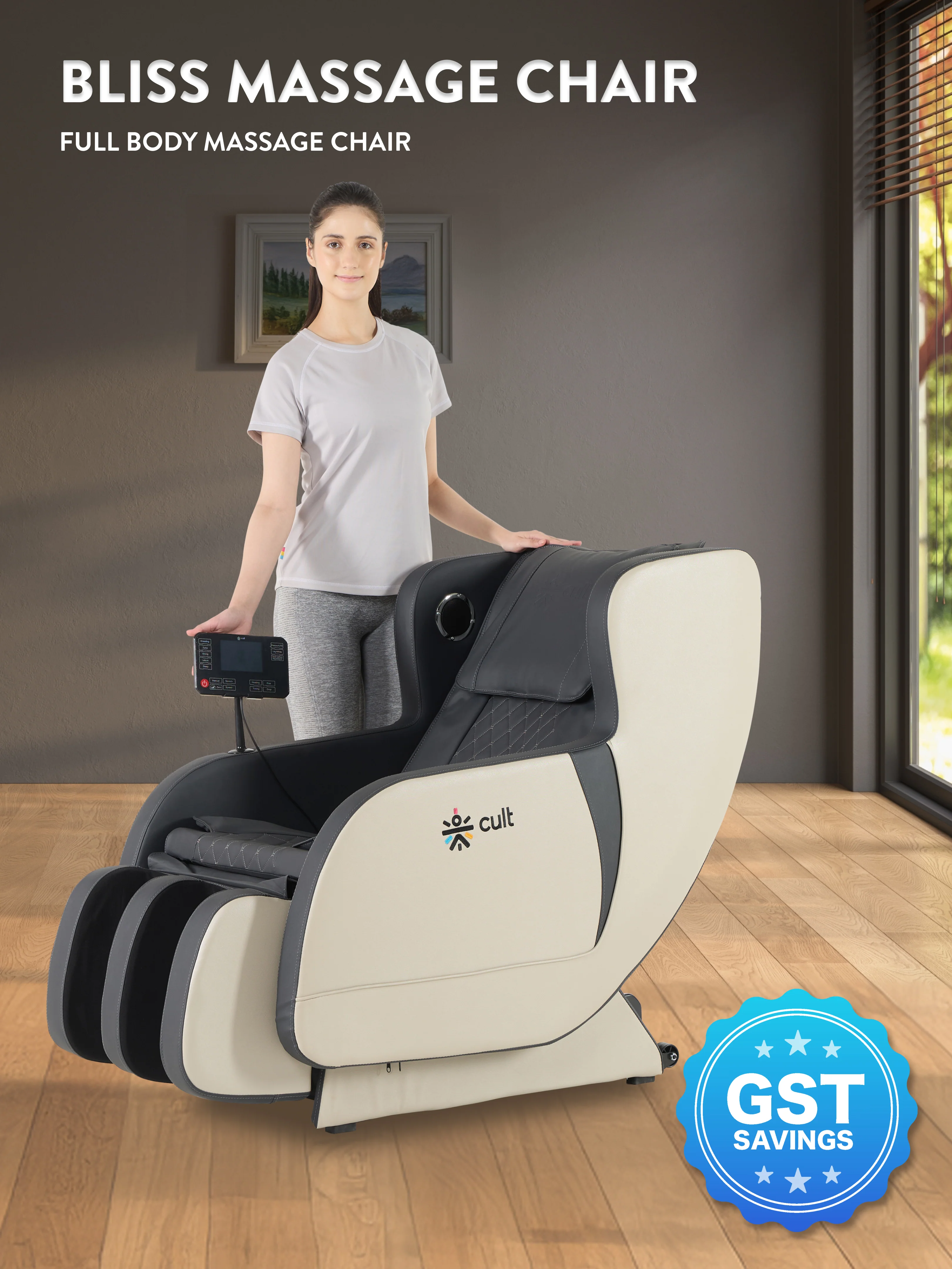 cult BlissGrey Massage Chair with Fixed Point Massage Technique and Bluetooth AI Voice Function for Full Body Massage At Home