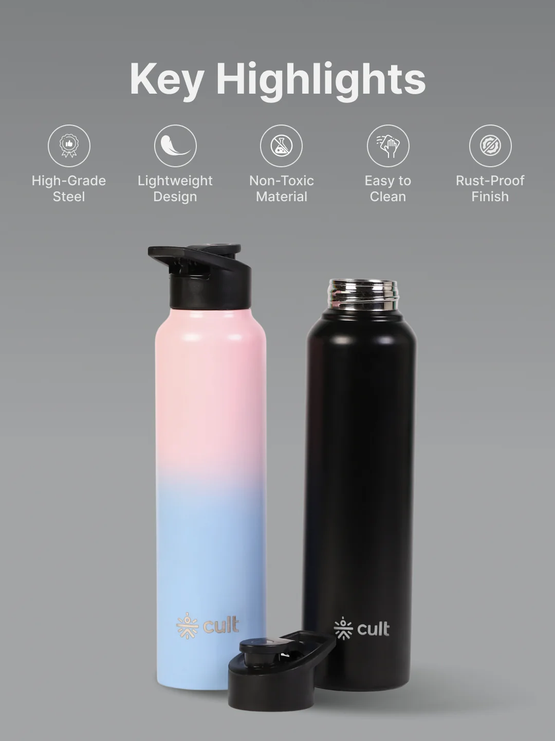 cult Steel Bottle 1Ltr With Sports Cap Pink and Blue - Image 3