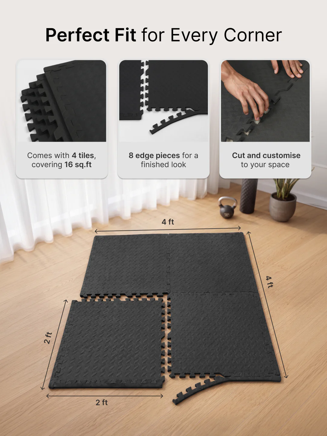 cult Interlocking Workout Mat Tiles Shock-Absorbing, Anti-Slip, Protective Gym Flooring for Home & Fitness Equipment Cushioned, Water-Resistant, Easy to Assemble Black - Image 5