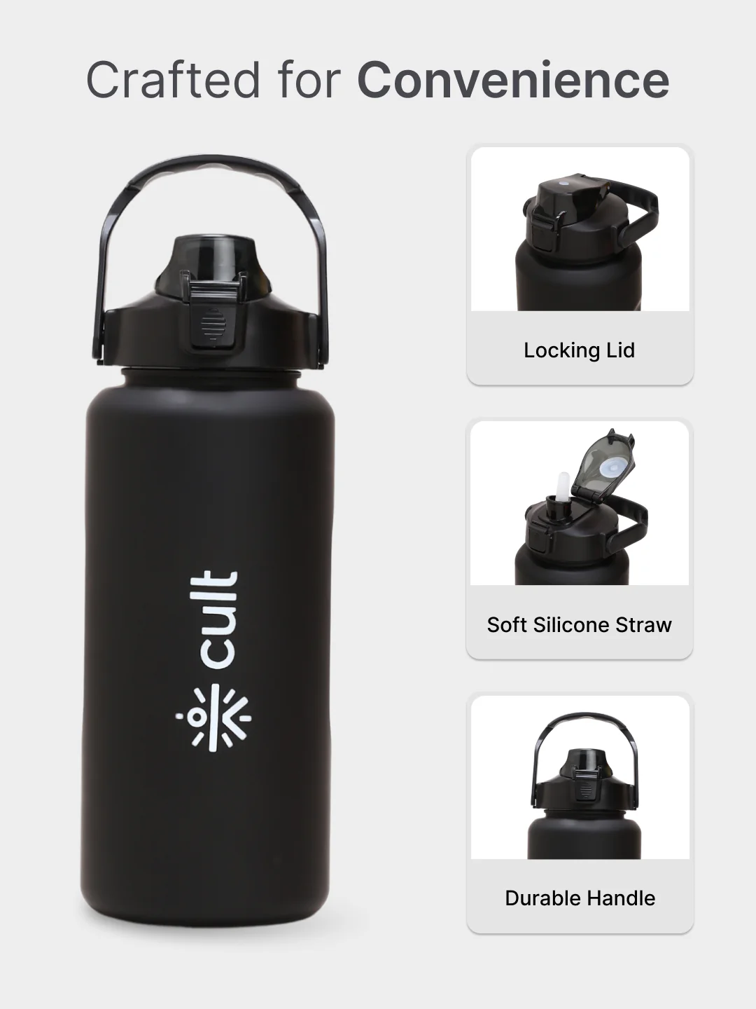 cult Motivational Bottle 2L Unisex Time Mark Sipper with Straw Black - Image 4