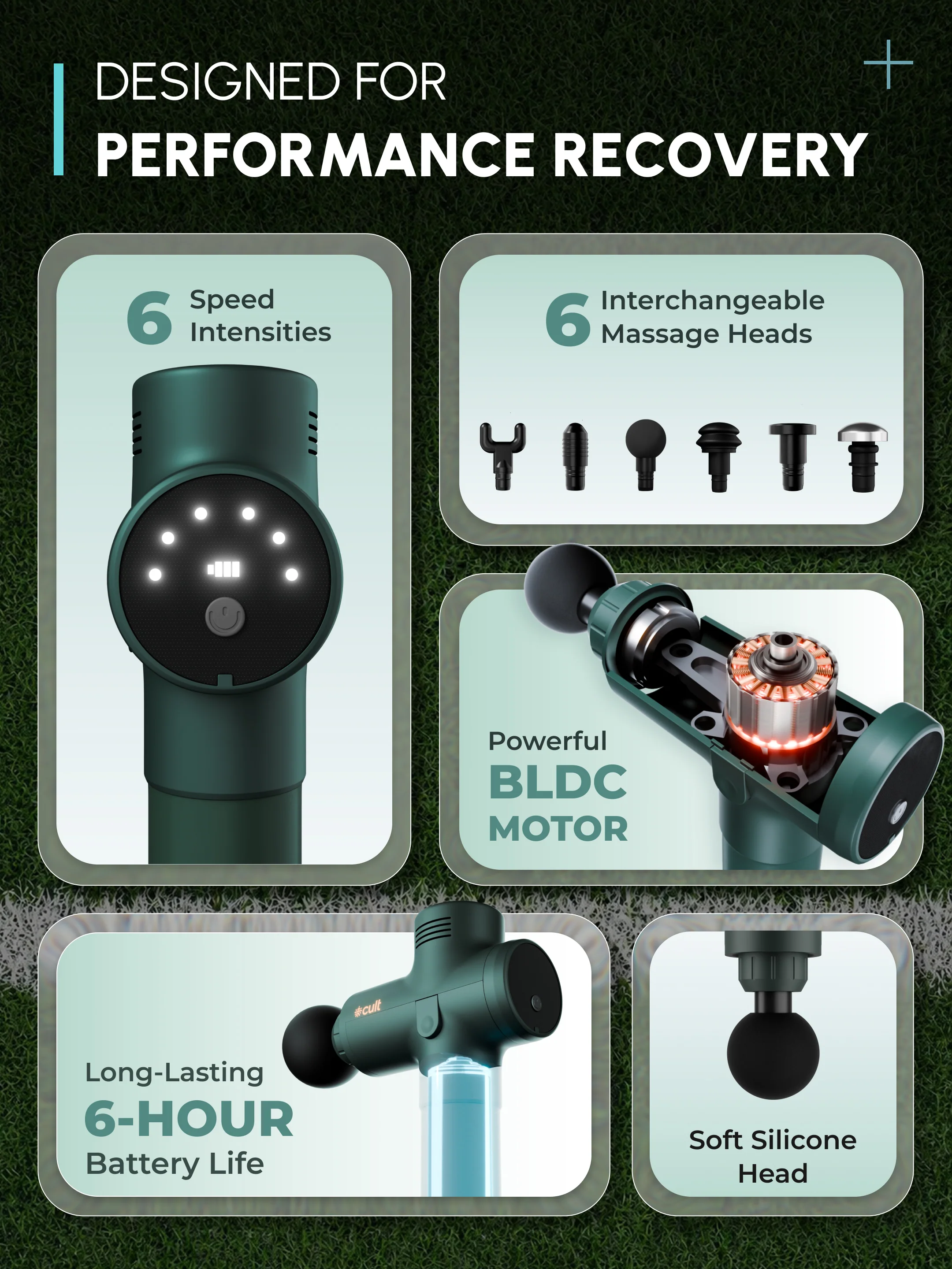 Cult TORQ X Massage Gun for Deep Tissue Muscle Recovery | BLDC Motor, 10mm Amplitude, 6 Speed Levels, 6 Massage Heads, 6-Hour Battery | Pain Relief Massager for Hybrid Athletes, Runners & Fitness Enthusiasts, Green - Image 2
