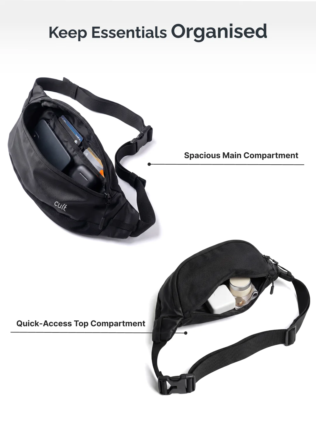 Cult Waist Bag Fanny Pack for Travel & Daily Use Black Unisex - Image 6