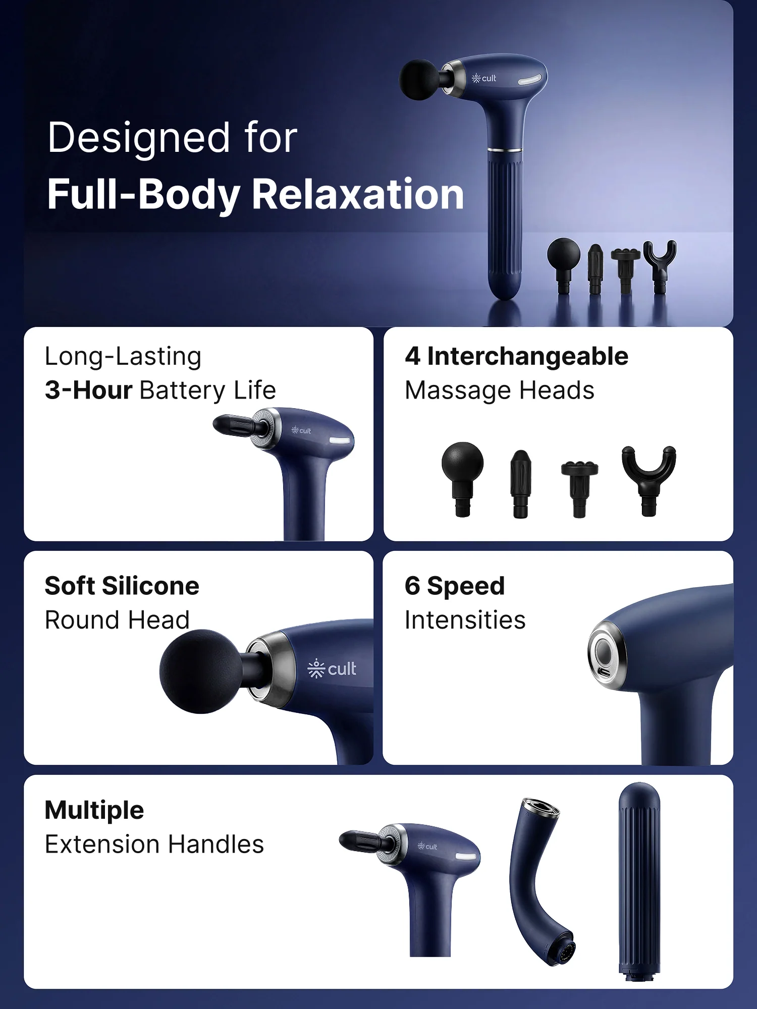 Cult XTND Massage Gun for Full-Body Muscle Relief, 3-in-1 Extension for Easy Back & Full-Body Massage, 35W Motor, 6 Speed Levels, 4 Massage Heads, Pain Relief Massager for Back, Shoulders, Legs & Everyday Recovery, Blue - Image 5