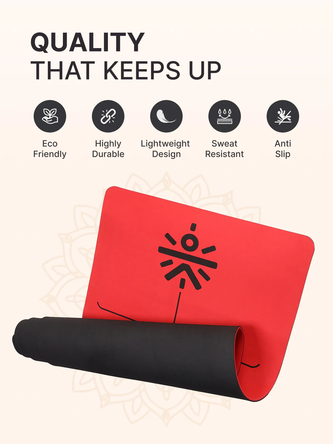 CULT Premium TPE Yoga Mat with Alignment Marks 6mm Thick Non-Slip Exercise & Pilates Mat for Men & Women, Eco-Friendly, Sweat-Resistant with Carry Strap - Red - Image 4