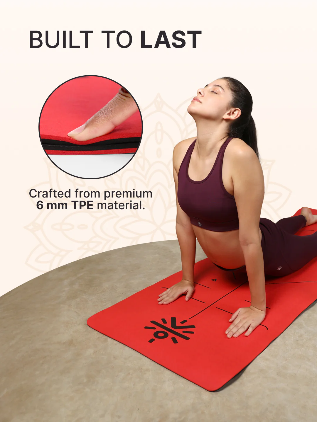CULT Premium TPE Yoga Mat with Alignment Marks 6mm Thick Non-Slip Exercise & Pilates Mat for Men & Women, Eco-Friendly, Sweat-Resistant with Carry Strap - Red - Image 5
