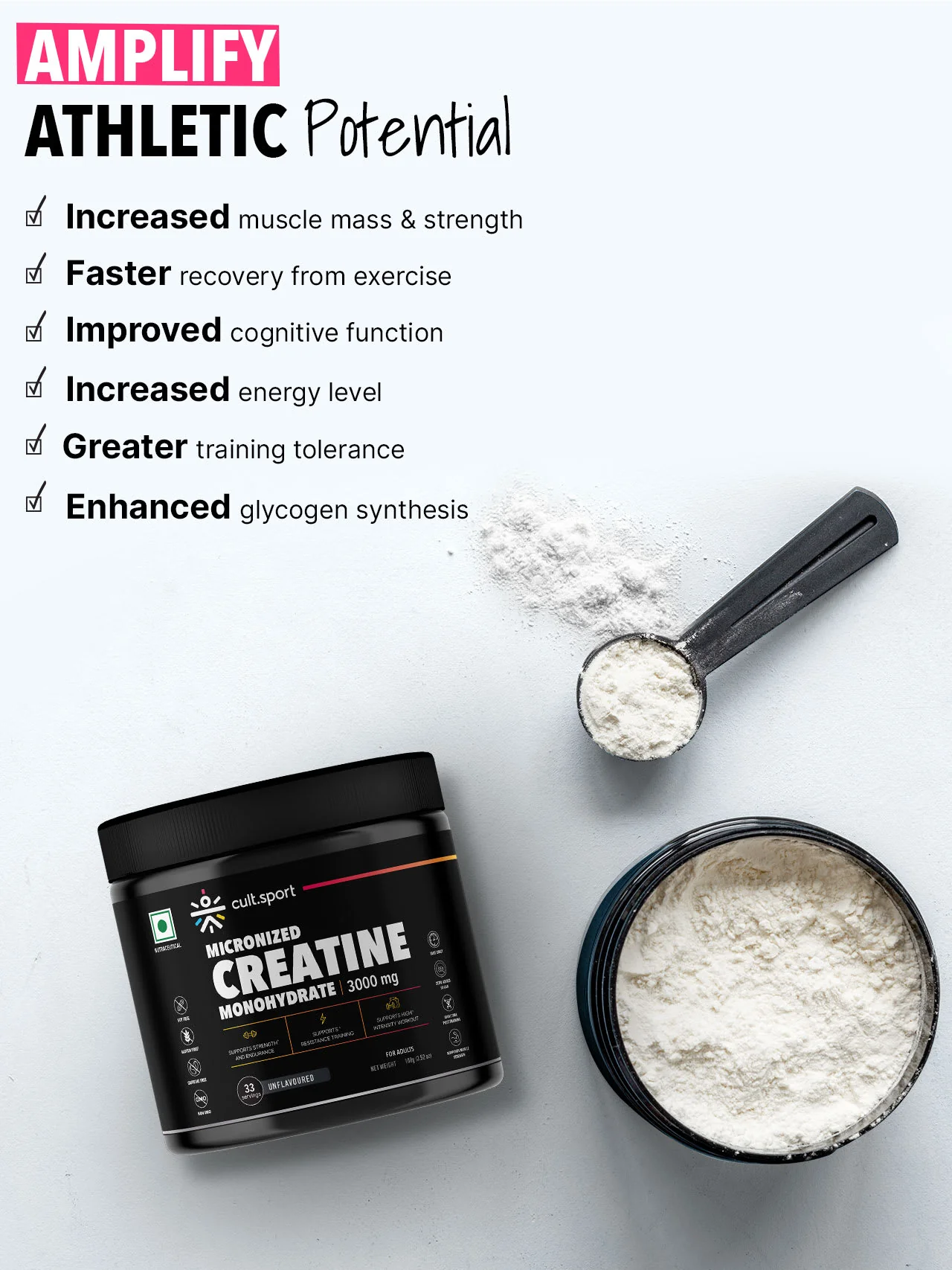 Cultsport Creatine Monohydrate 100 g | Micronised | 100% Vegetarian | Unflavoured | Dairy-Free | Gluten-Free - Image 4