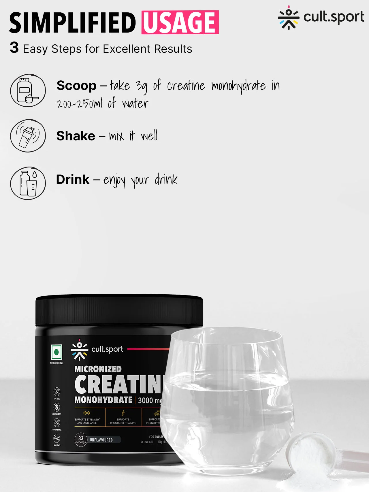 Cultsport Creatine Monohydrate 100 g | Micronised | 100% Vegetarian | Unflavoured | Dairy-Free | Gluten-Free - Image 7