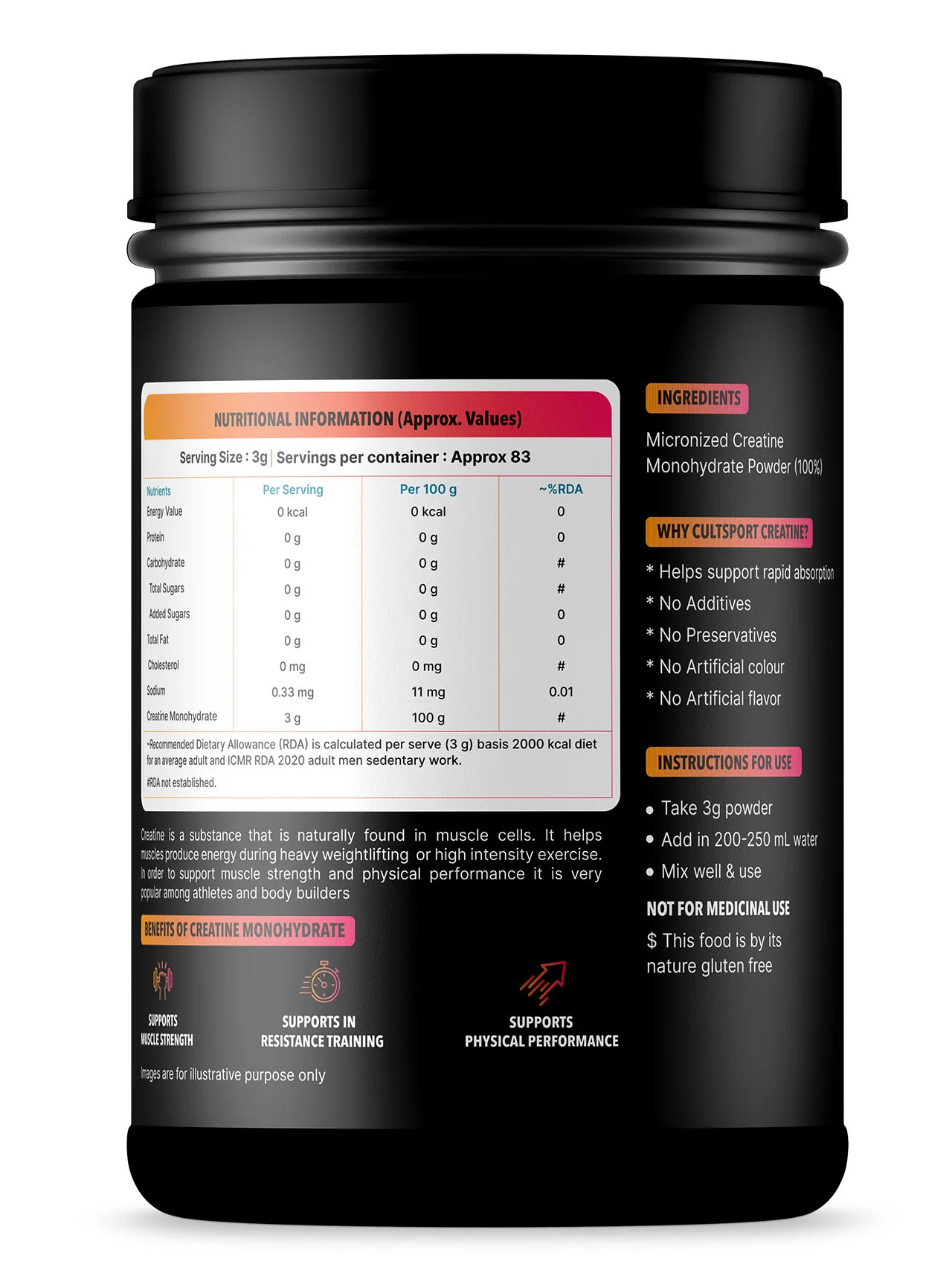 Cultsport Creatine Monohydrate 250 g | Micronised | 100% Vegetarian | Unflavoured | Dairy-Free | Gluten-Free - Image 2