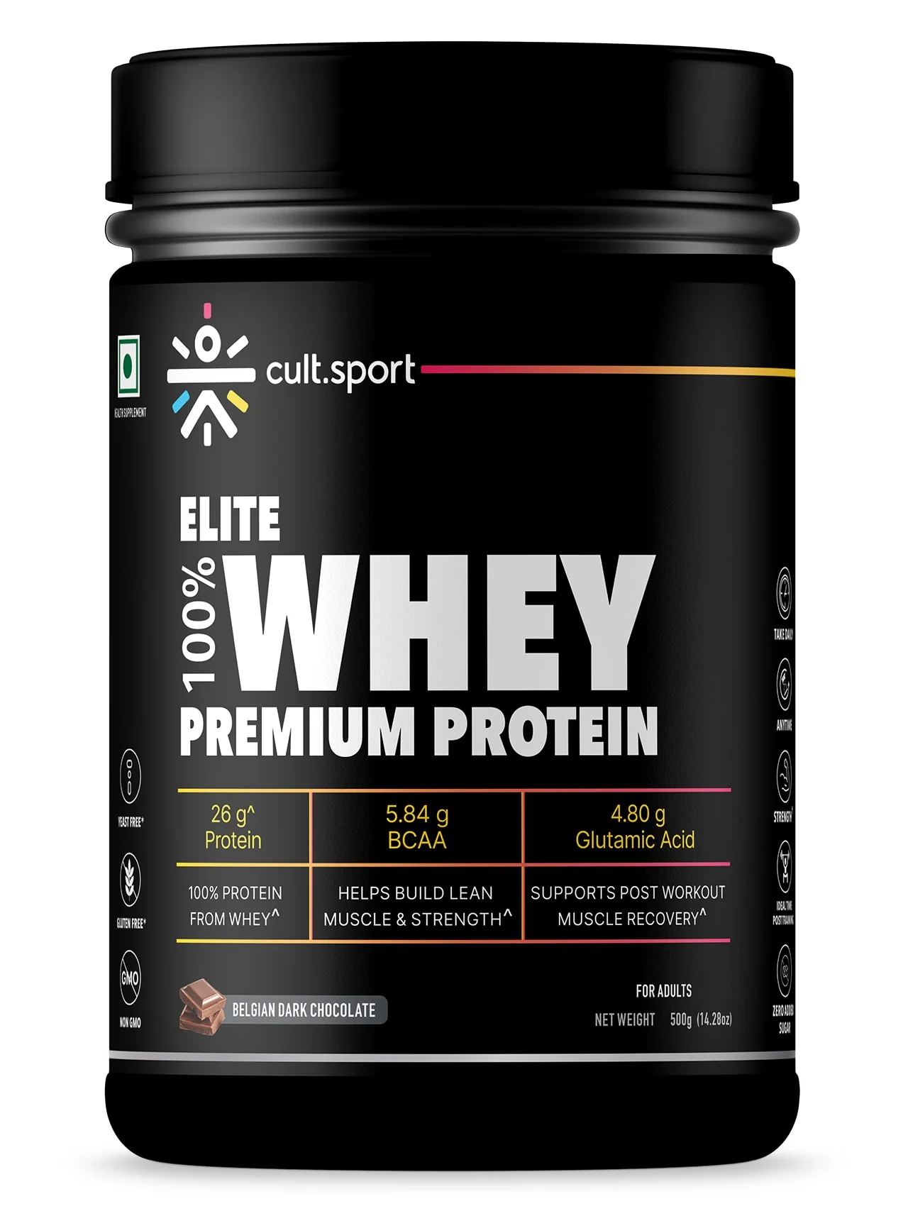 100% Whey Protein Premium Protein - 500g | Sugar free | Protein Powder for Men & Women for Muscle Support & Recovery | 25g Protein Per Serving | 2.5g BCAA, 3.9g Glutamic acid | Belgium Dark Chocolate