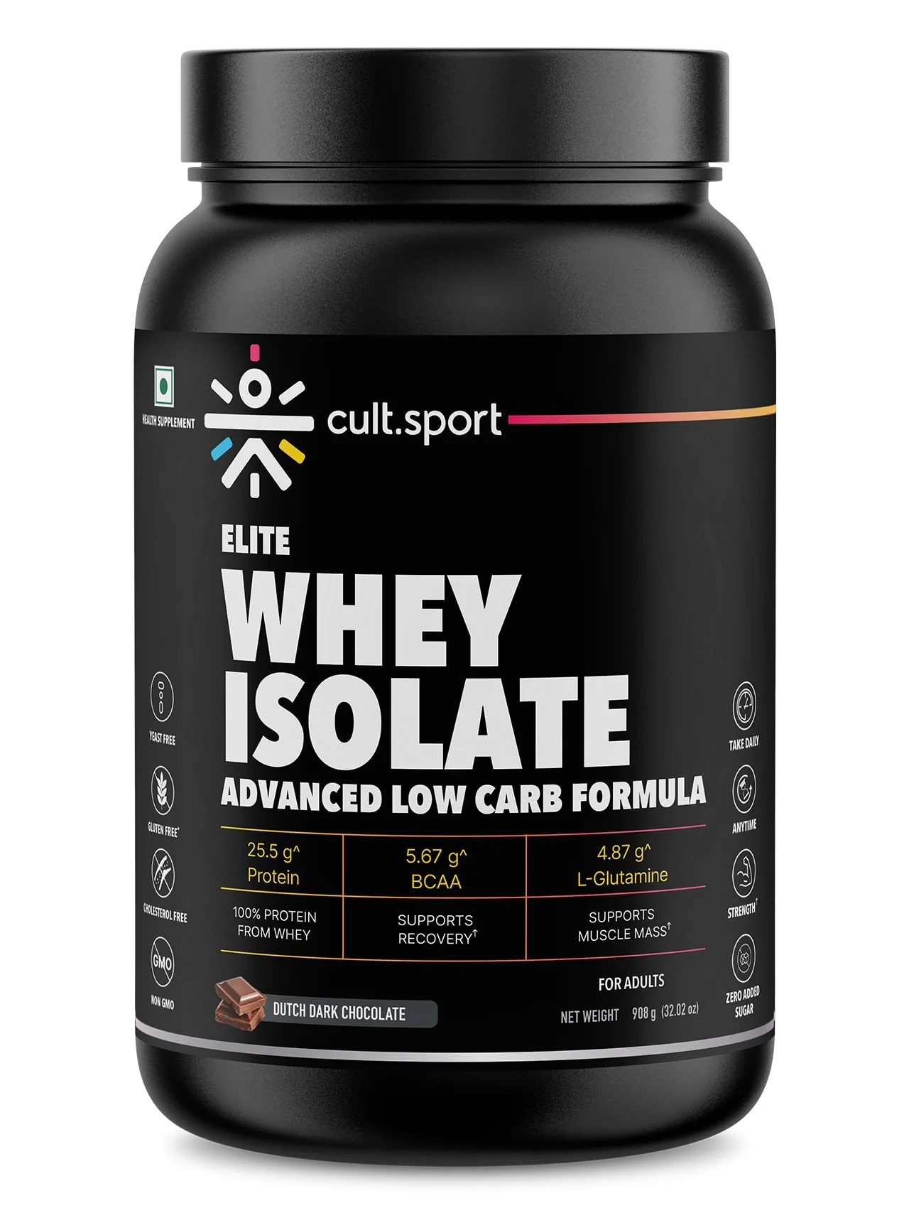 Elite Whey Isolate Advanced Whey Protein - 908g | Protein Powder for Men & Women for Muscle Building & Recovery | 25g Protein Per Serving | 5g BCAA | 4.2g L - glutamine | Sugar free | Dutch Dark Chocolate