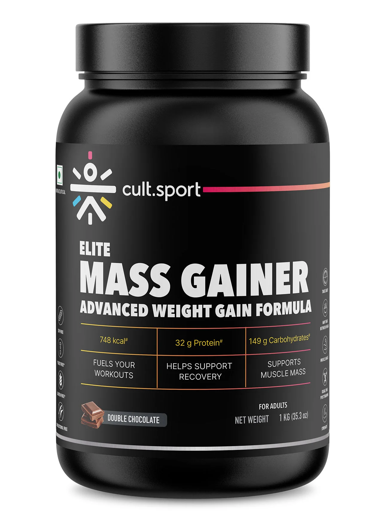 Cultsport Whey Mass Gainer | 20 Vital Vitamins & Minerals | Chocolate | Whey Protein Concentrate | Soy-Free | Gluten-Free | 0 Colesterol | Prebiotic Fiber