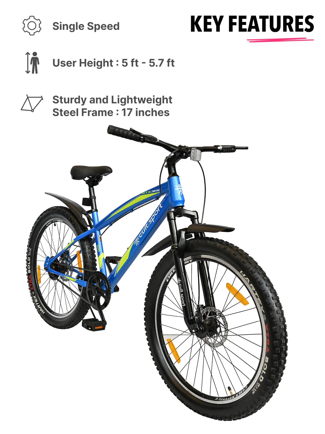 GTX30026TBLUE Steel Single Speed 26 inch Mountain Cycle, Front Suspension and Double Wall Rim - Image 2