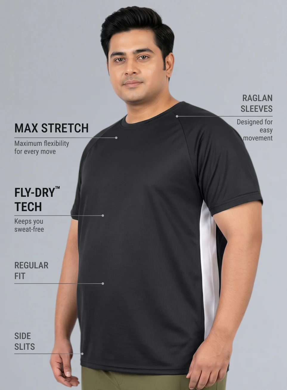 Men's Black Panelled Performance Plus Size T-shirt - Image 5