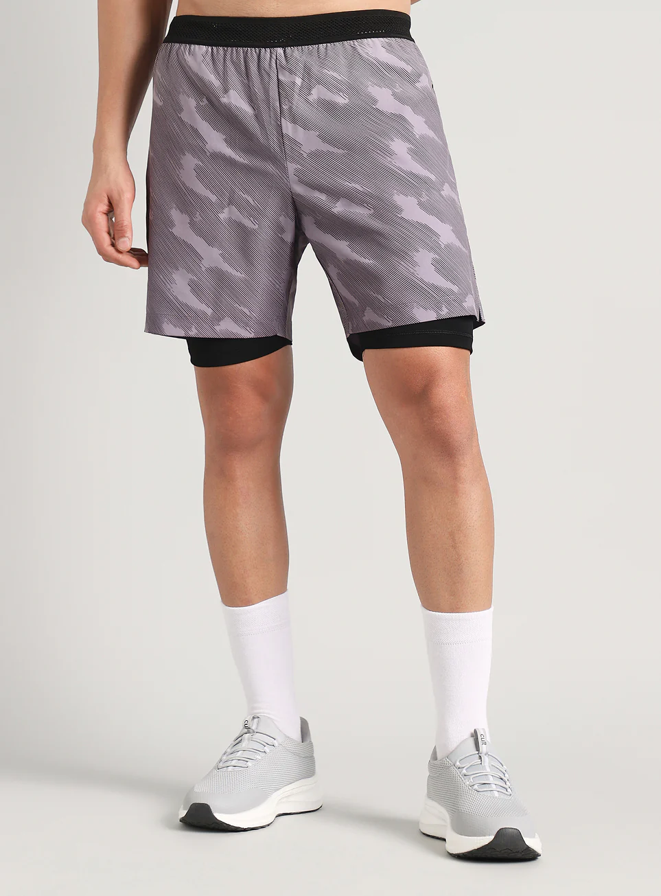 Men's Grey Urban Camo Shorts with Inbuilt Tights - Image 4