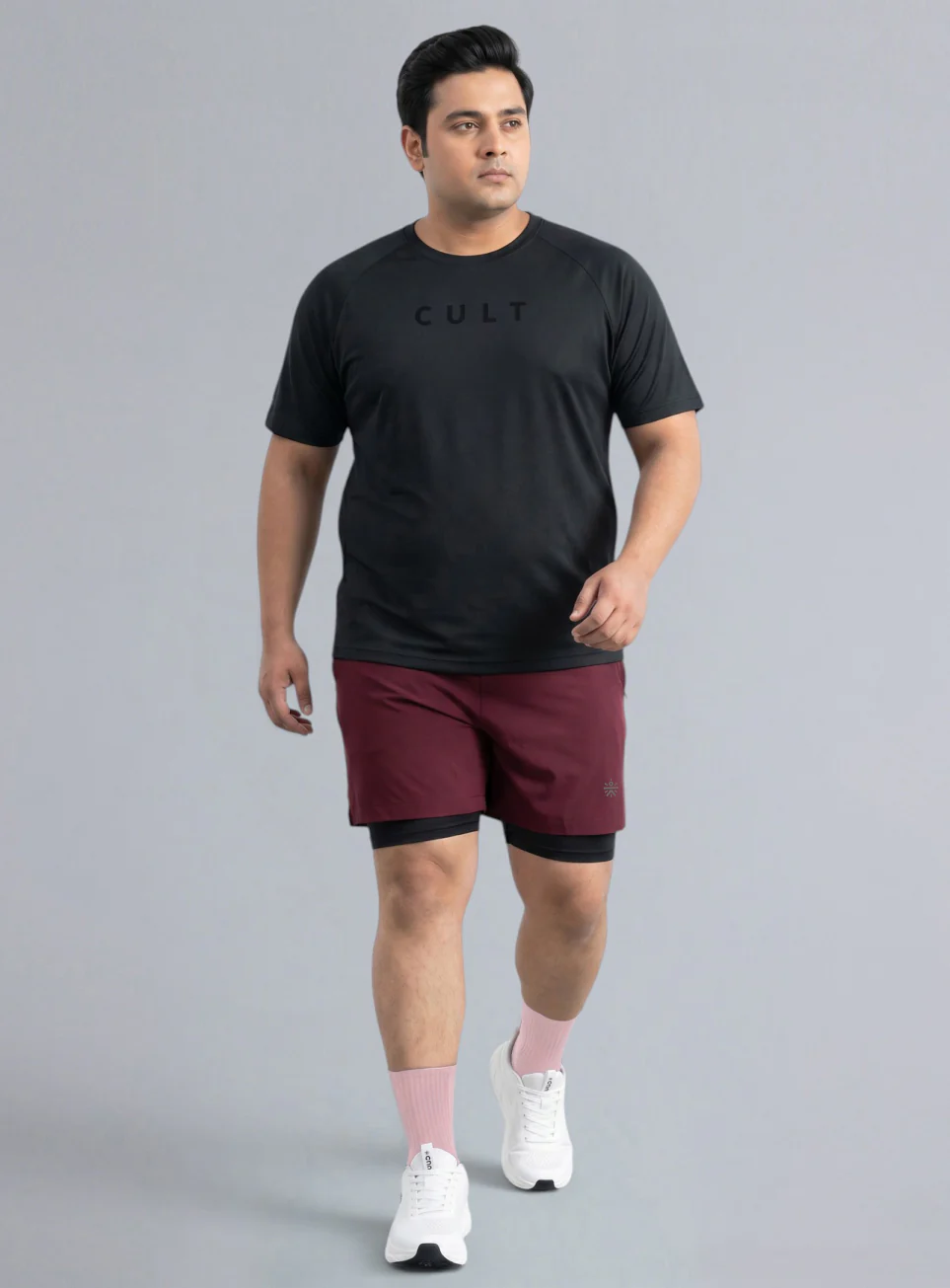 Men's Maroon Running Plus Size In-Built Shorts - Image 3