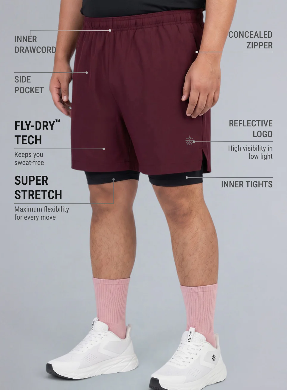 Men's Maroon Running Plus Size In-Built Shorts - Image 5