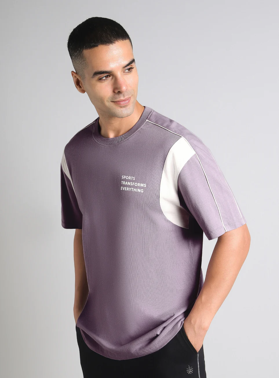 Men's Purple Colorblock Sporty Oversized Fit T-shirt