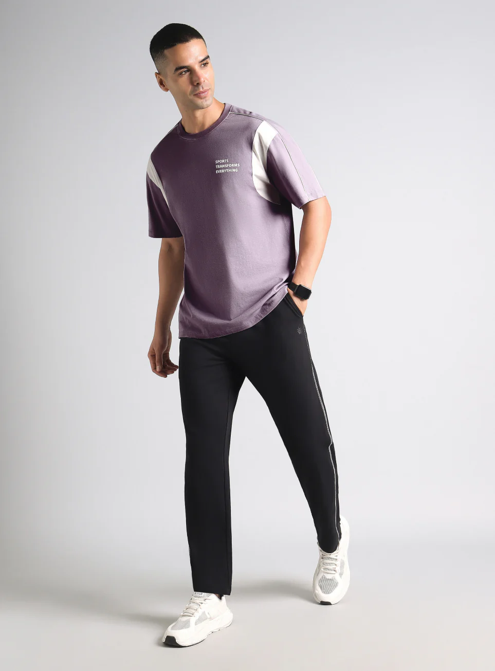 Men's Purple Colorblock Sporty Oversized Fit T-shirt - Image 2