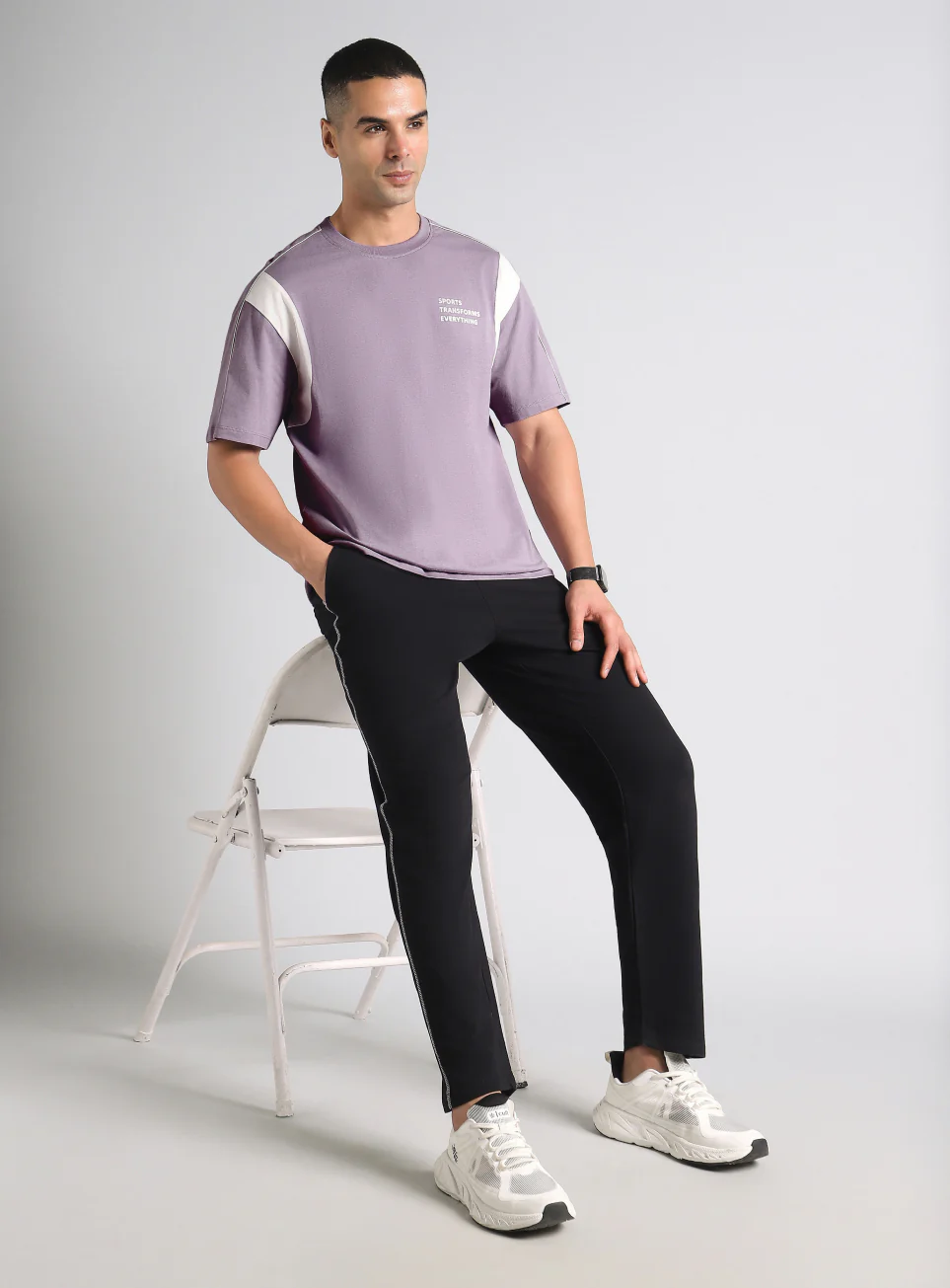 Men's Purple Colorblock Sporty Oversized Fit T-shirt - Image 3