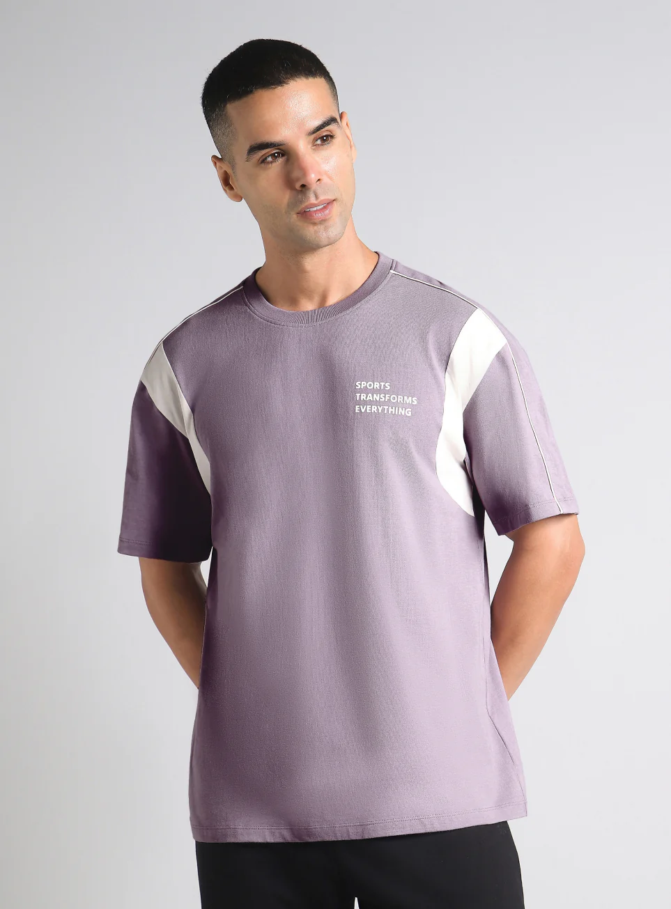 Men's Purple Colorblock Sporty Oversized Fit T-shirt - Image 4