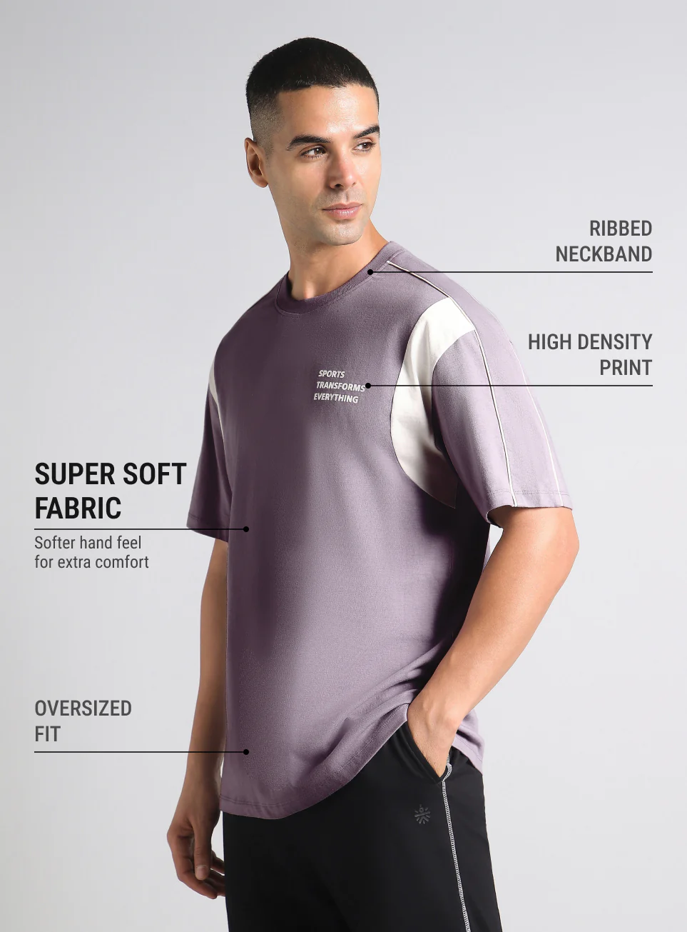 Men's Purple Colorblock Sporty Oversized Fit T-shirt - Image 5