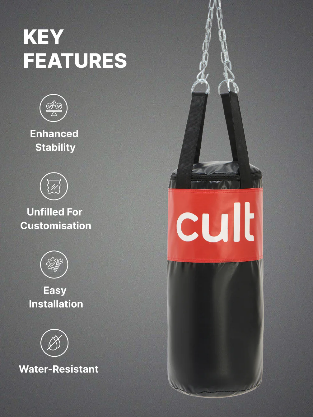 cult Punching Bag Black & Red 3ft Heavy Duty Punching Bag for Boxing, Kickboxing, MMA Training Reinforced Stitching Durable PU Leather Unfilled Easy to Install For Home & Gym Use - Image 3