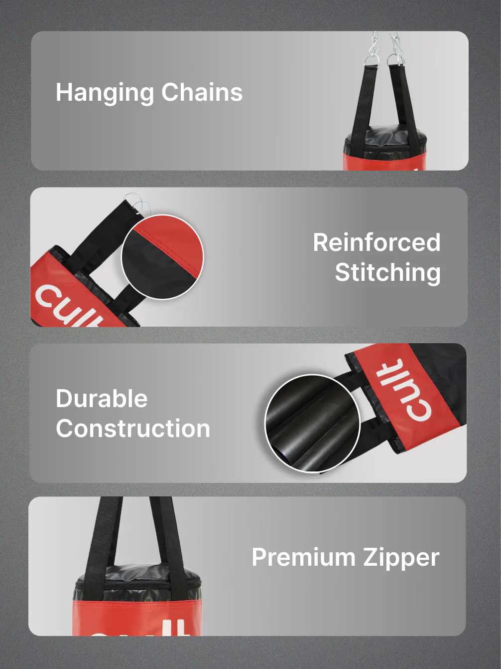 cult Punching Bag Black & Red 3ft Heavy Duty Punching Bag for Boxing, Kickboxing, MMA Training Reinforced Stitching Durable PU Leather Unfilled Easy to Install For Home & Gym Use - Image 4