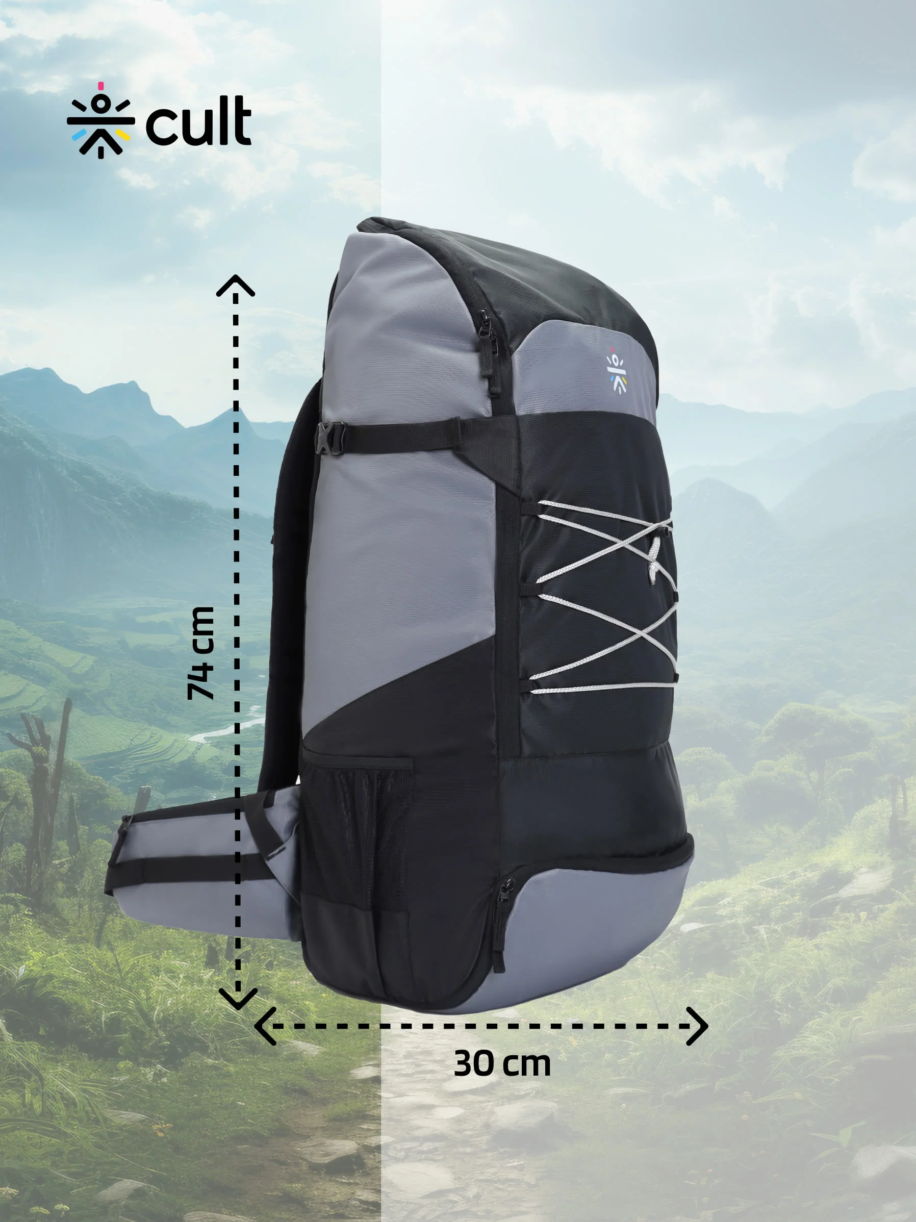 cult 65 Litre Travel Backpack Hiking Trekking Bag Camping Rucksack with Water Proof Rain Cover, Shoe Compartment Grey - Image 2