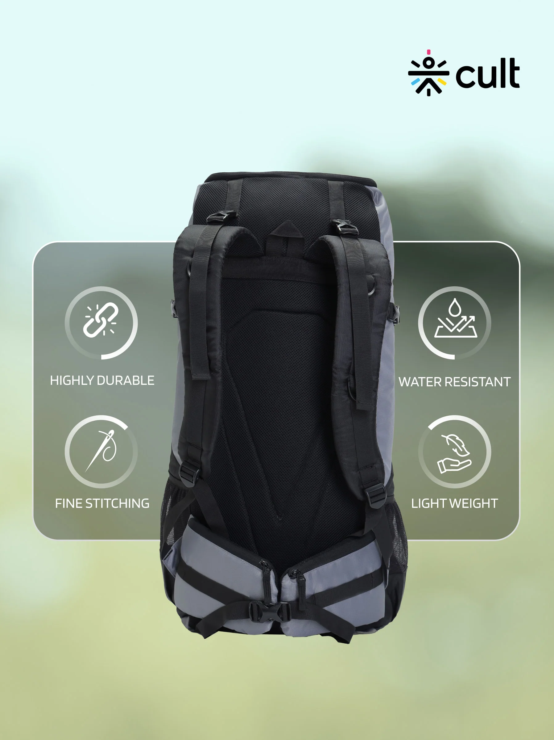 cult 65 Litre Travel Backpack Hiking Trekking Bag Camping Rucksack with Water Proof Rain Cover, Shoe Compartment Grey - Image 5