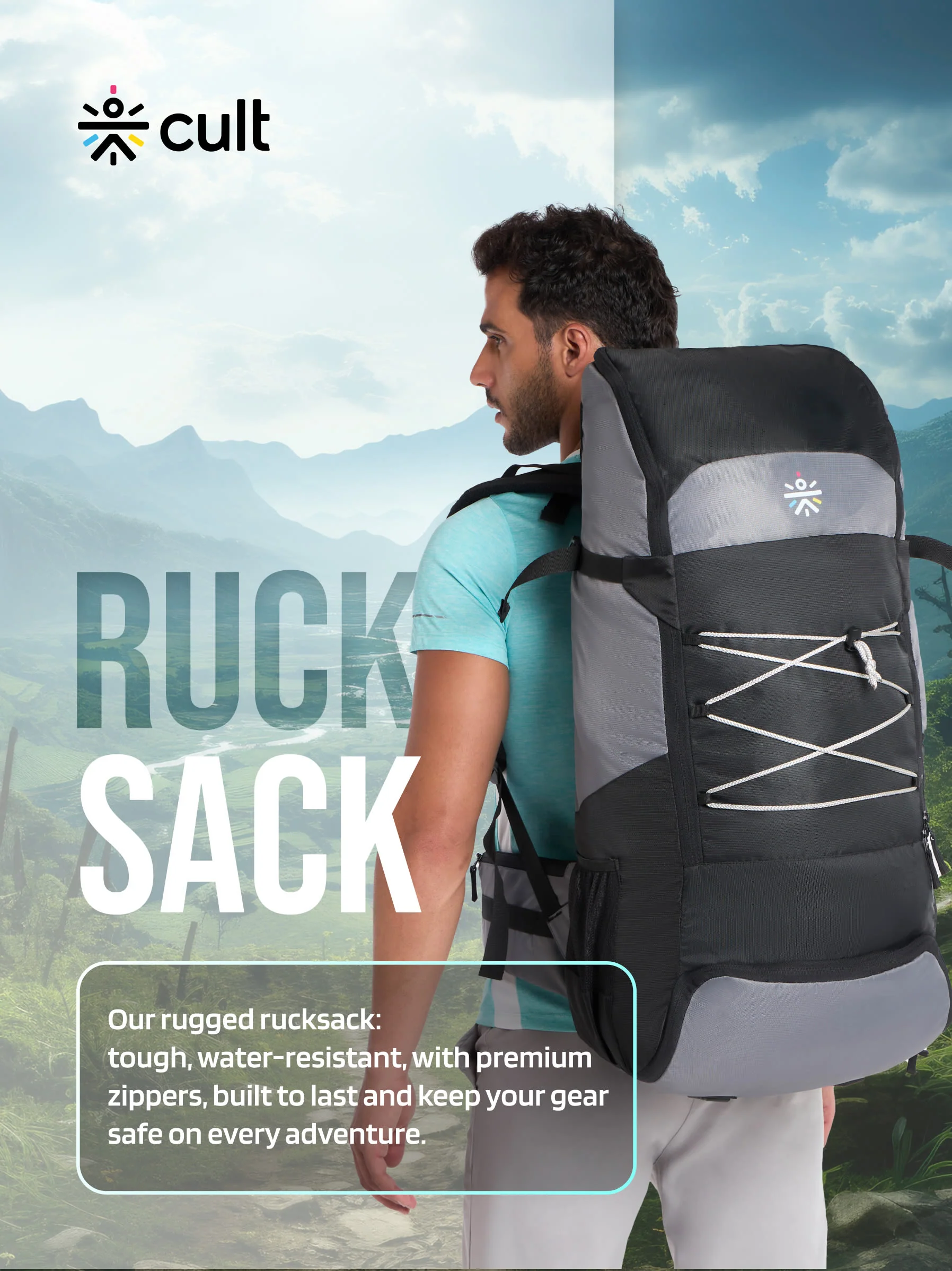 cult 65 Litre Travel Backpack Hiking Trekking Bag Camping Rucksack with Water Proof Rain Cover, Shoe Compartment Grey - Image 6