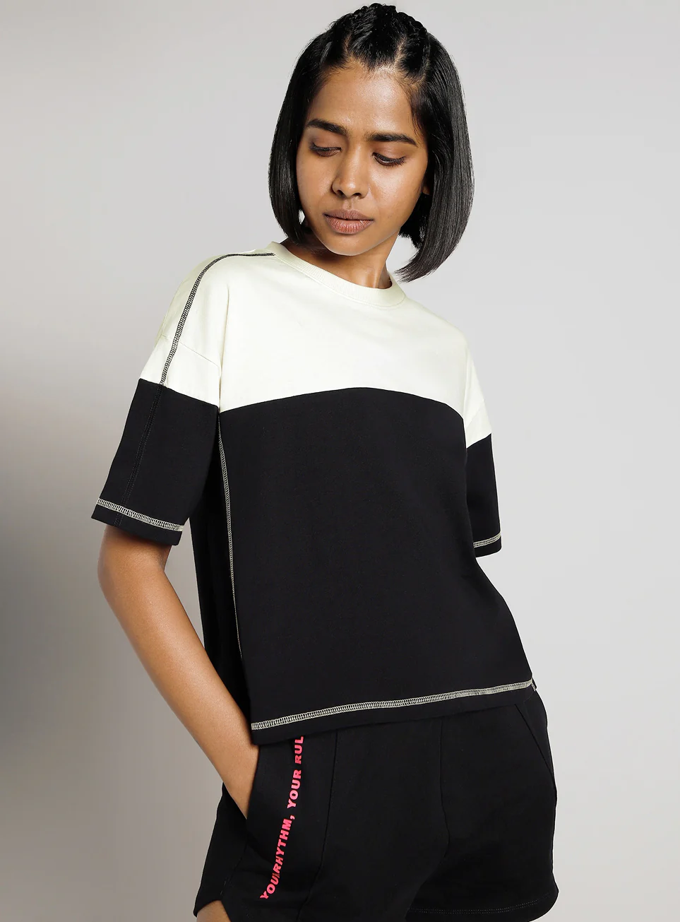 Women's Black Colourblocked Boxy Fit T-shirt