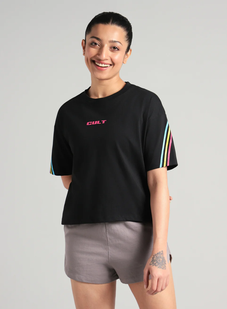 Women's Black Cult Vibe Stripes Boxy Fit T-shirt
