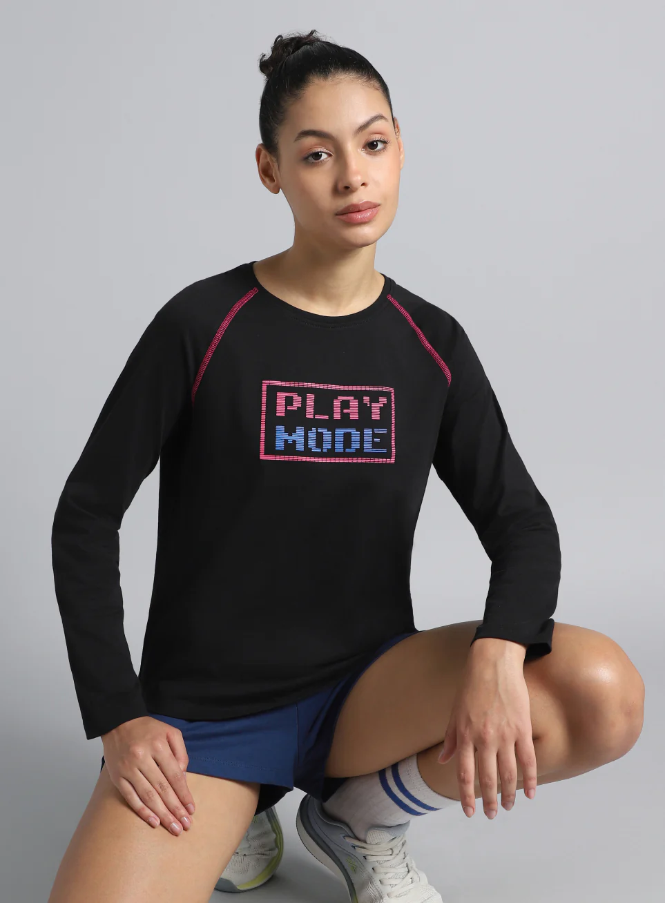 Women's Black Play Mode Full Sleeve T-shirt