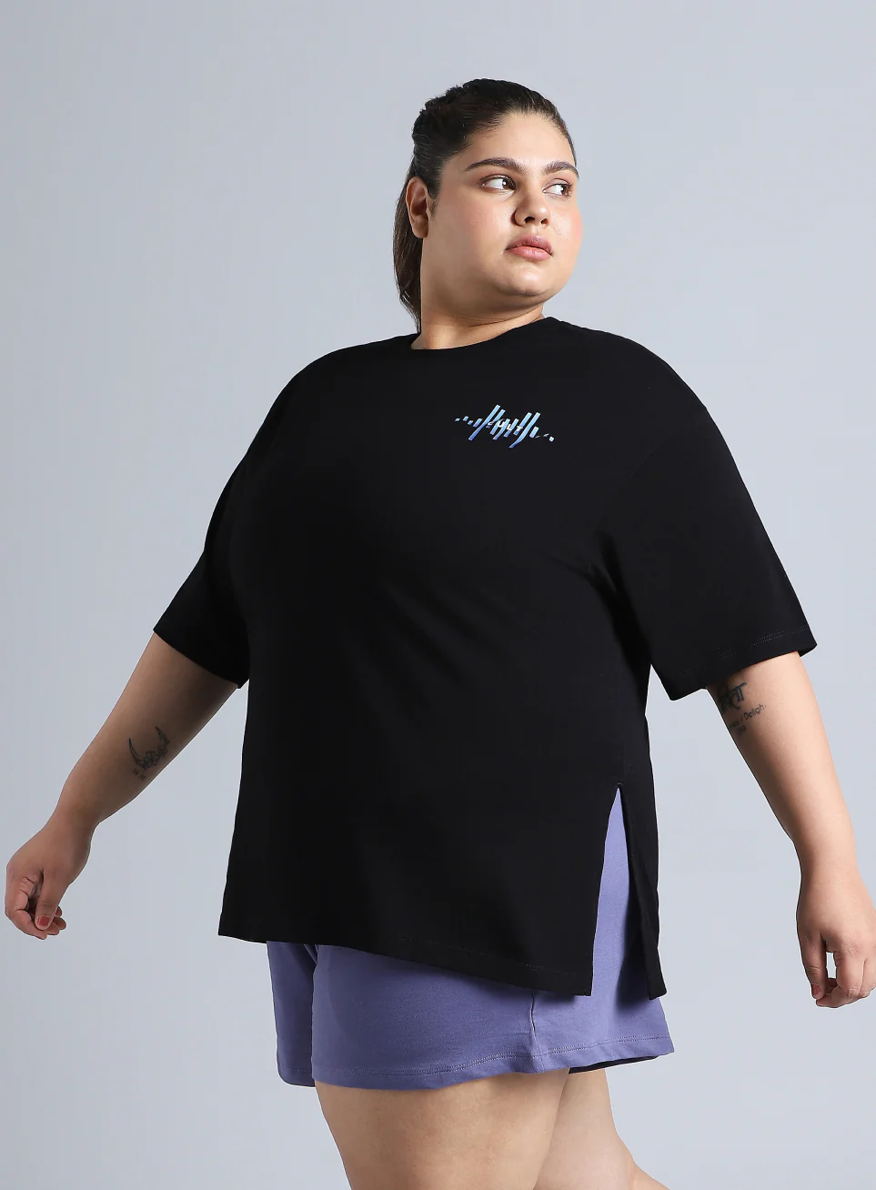 Women's Black Printed Oversized Fit Plus Size T-shirt