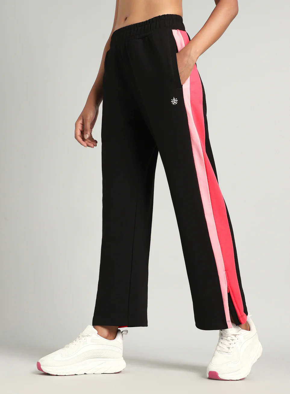 Women's Black Zip Bottom Flare Straight Fit Trackpants