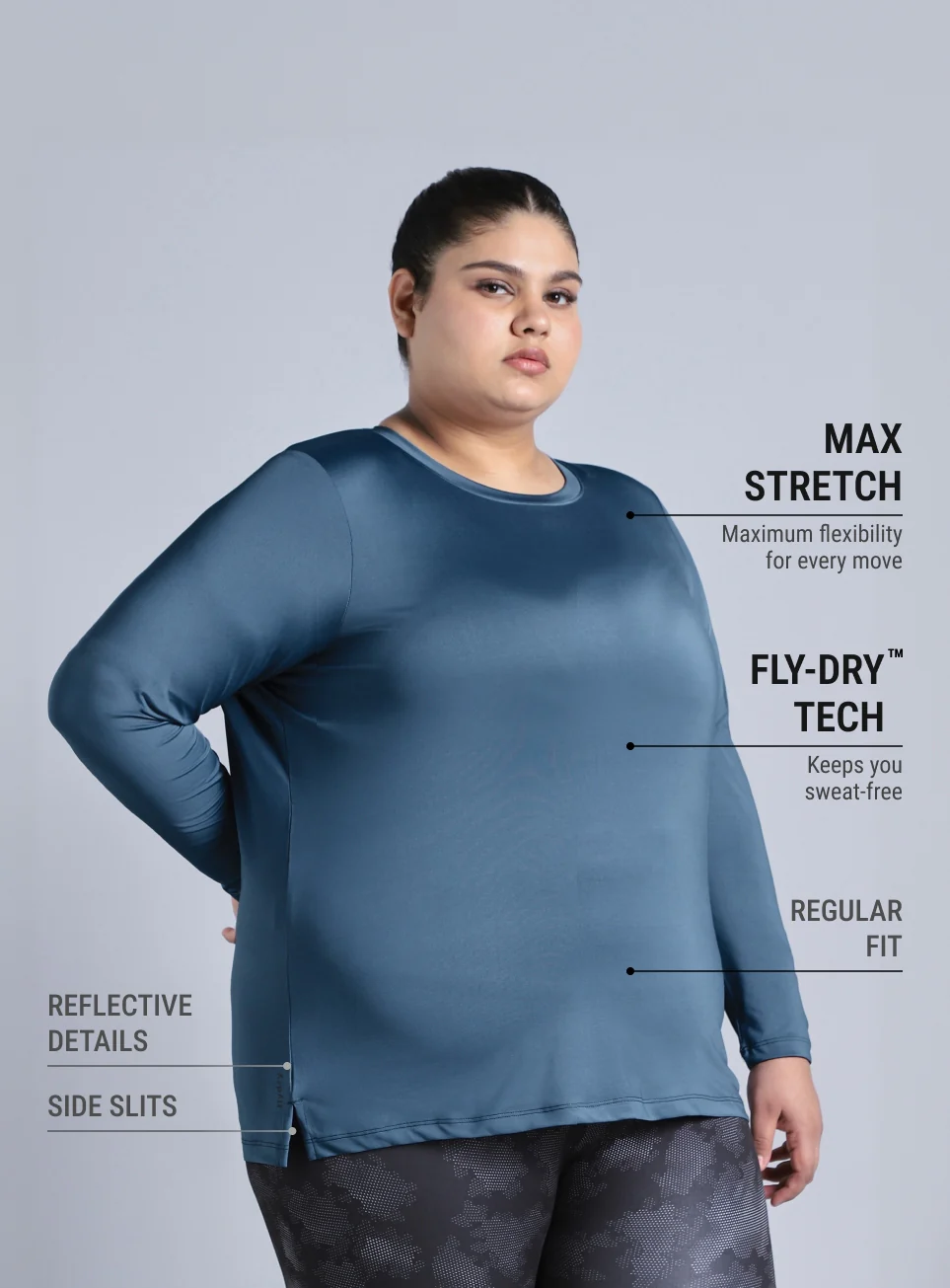 Women's Blue Full Sleeve Plus Size Training T-shirt - Image 5
