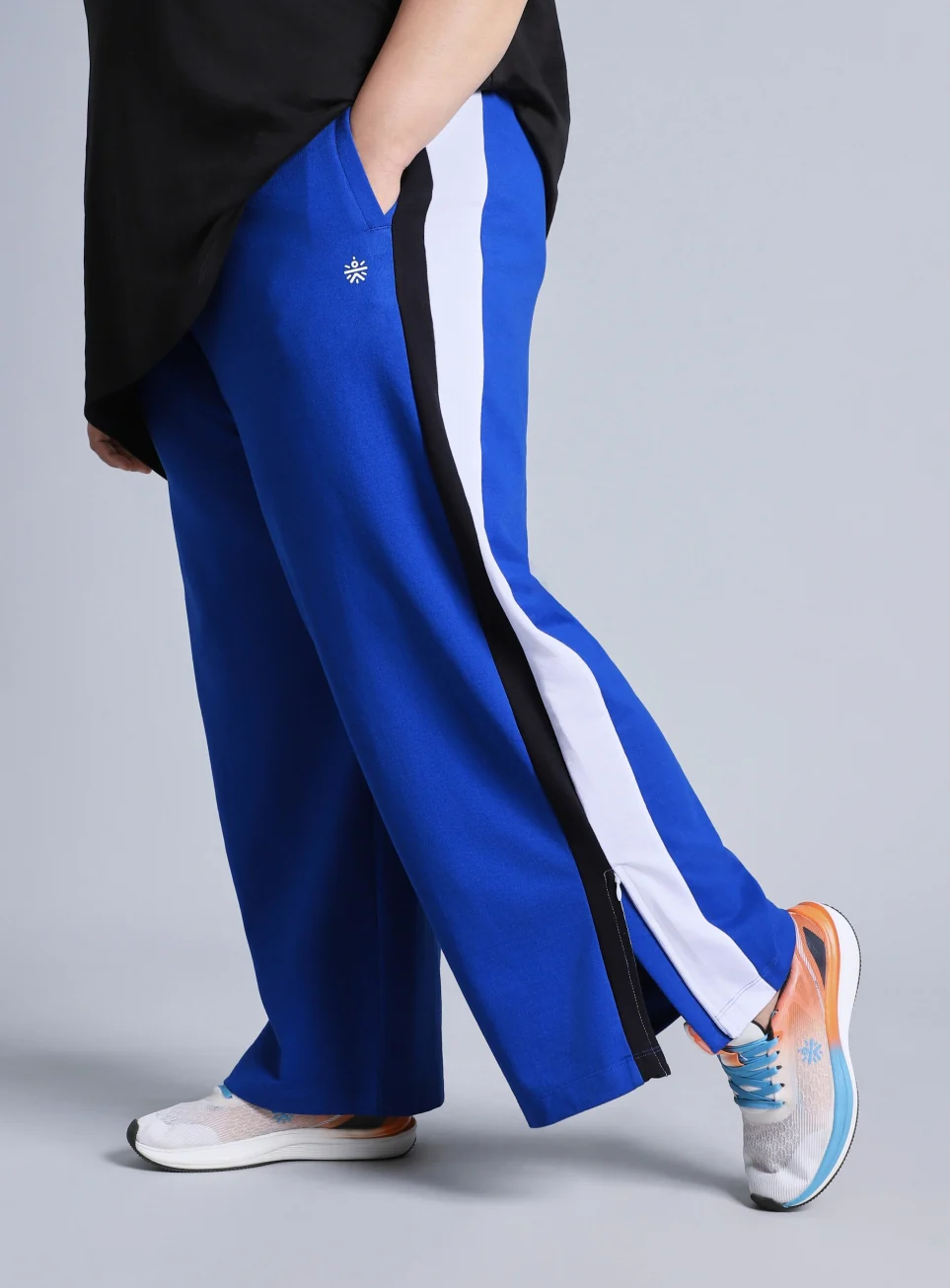 Women's Blue High Slit Straight Fit Plus Size Trackpants