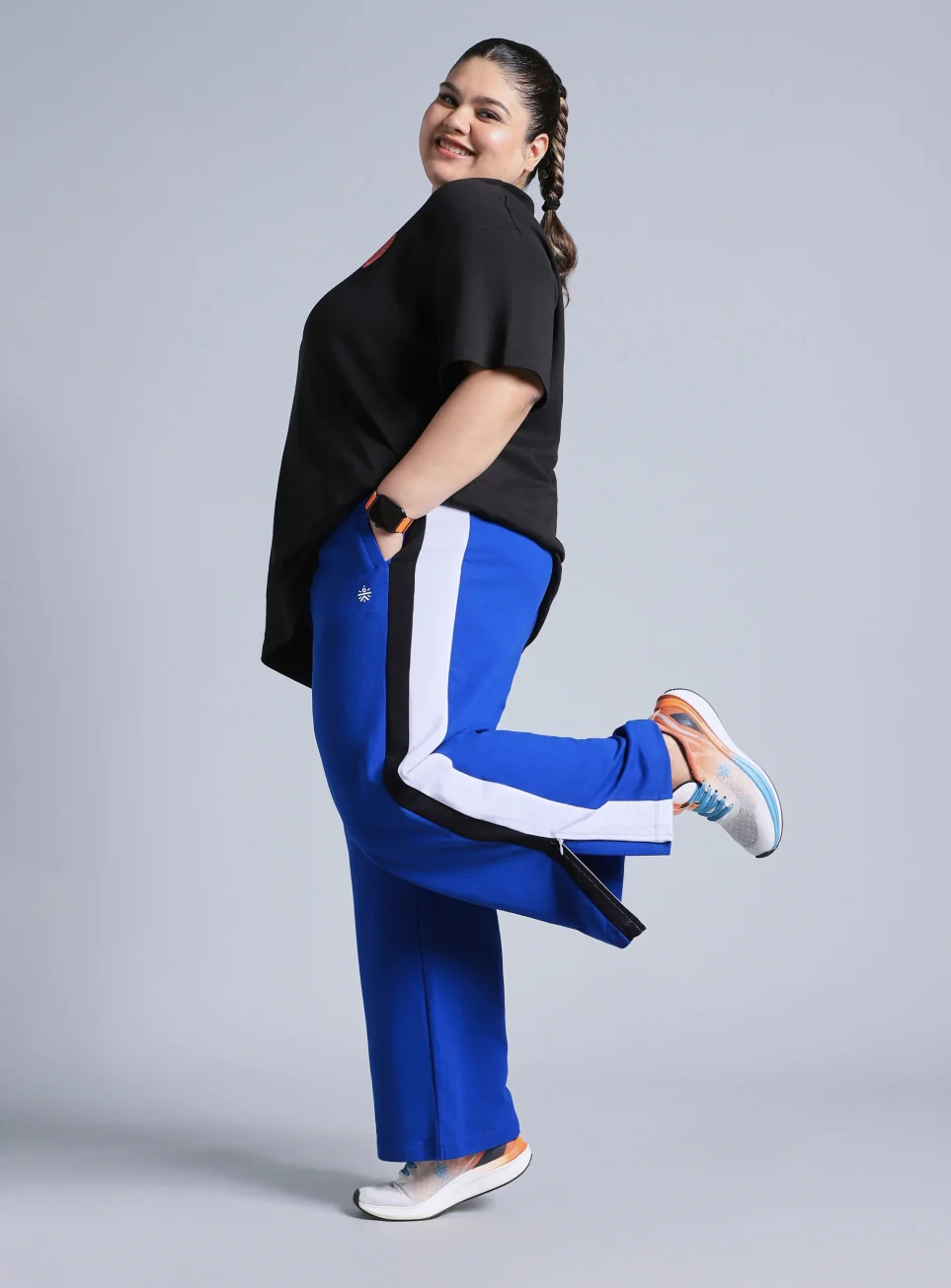 Women's Blue High Slit Straight Fit Plus Size Trackpants - Image 3