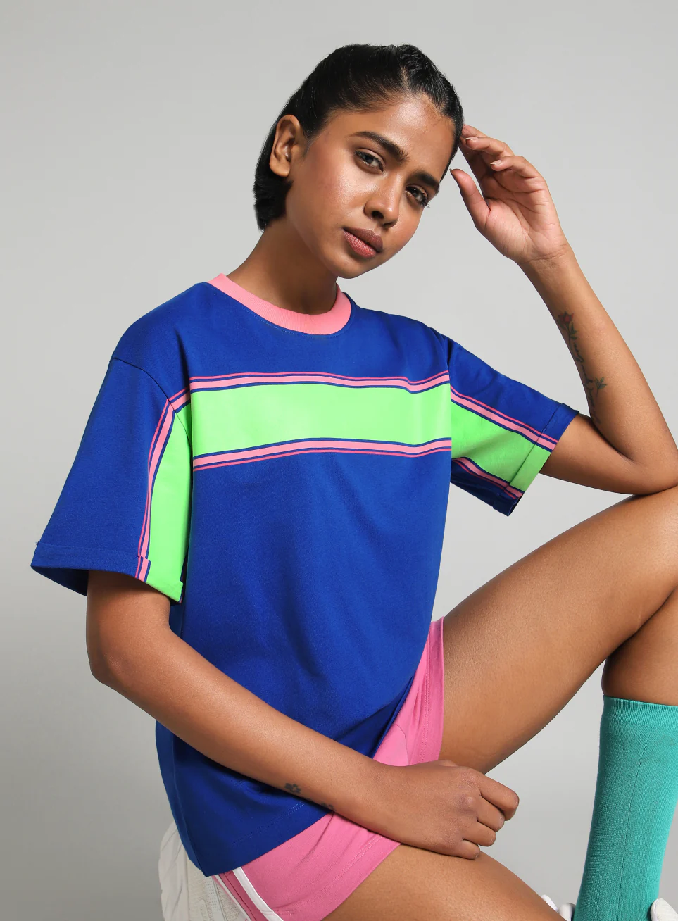 Women's Blue Pop Block Playful Relaxed Fit T-shirt
