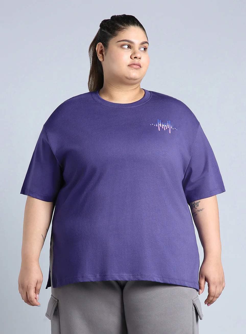 Women's Blue Printed Oversized Fit Plus Size T-shirt - Image 4