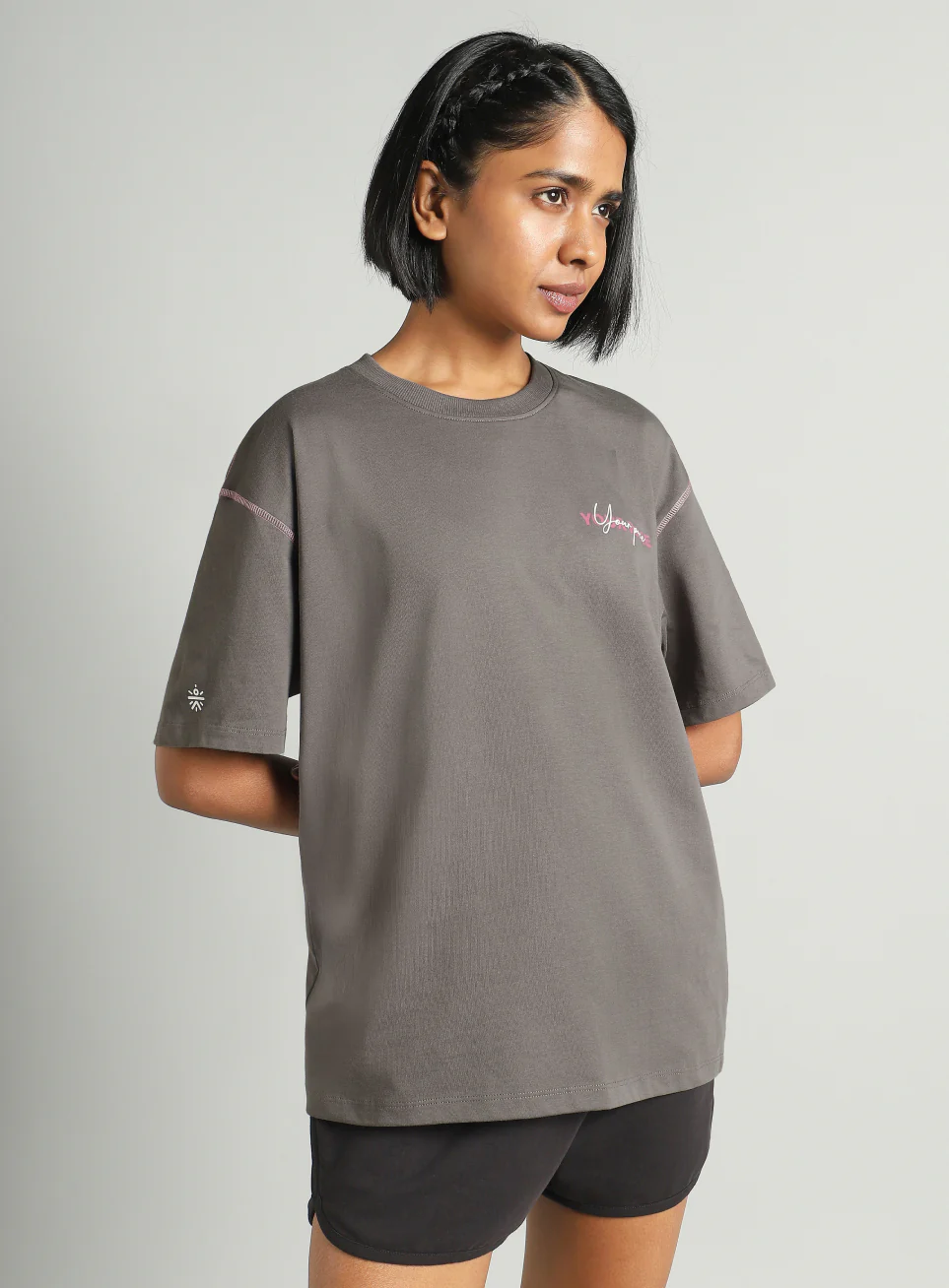 Women's Dark Grey Mini Graphic Oversized Fit T-shirt