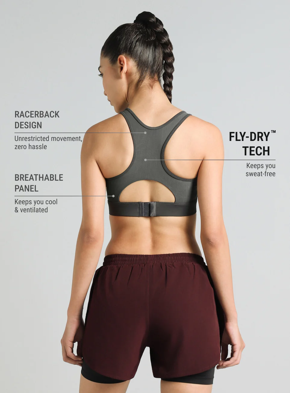 Women's Dark Grey Racer Back with Hook High Support Running Bra - Image 6