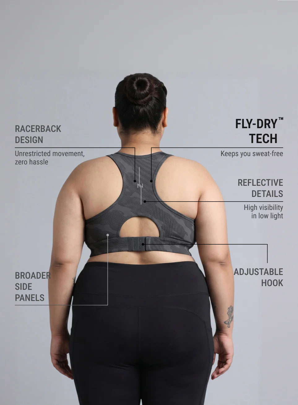 Women's Dark Grey Urban Camo Running High Support Plus Size Bra - Image 6