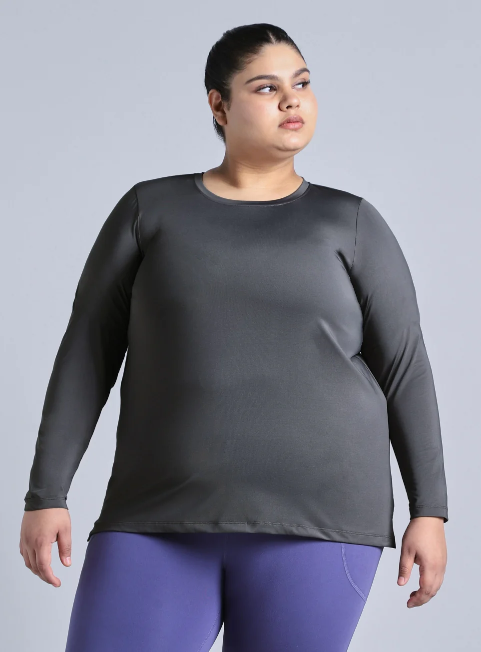 Women's Grey Full Sleeve Plus Size Training T-shirt